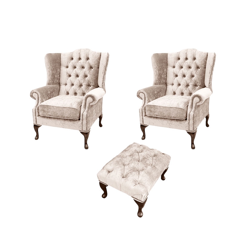 Product photograph of Chesterfield 2 X Wing Chairs Footstool Harmony Ivory Velvet In Mallory Style from Chesterfield Sofas