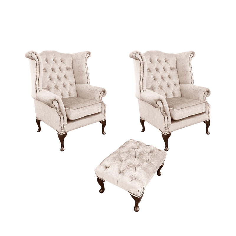 Product photograph of Chesterfield 2 X Wing Chairs Footstool Harmony Ivory Velvet In Queen Anne Style from Chesterfield Sofas