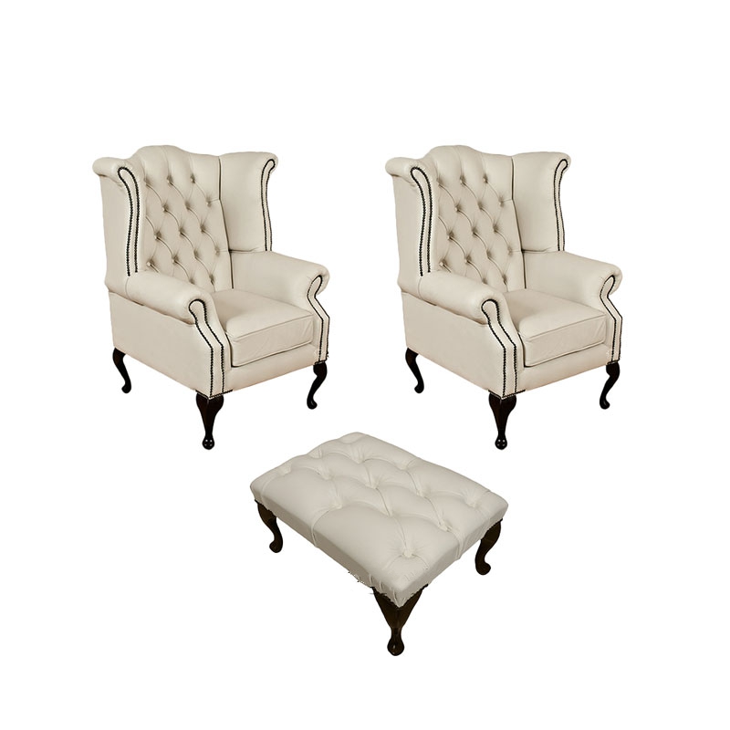 Product photograph of Chesterfield 2 X Wing Chairs Footstool Ivory Leather In Queen Anne Style from Chesterfield Sofas