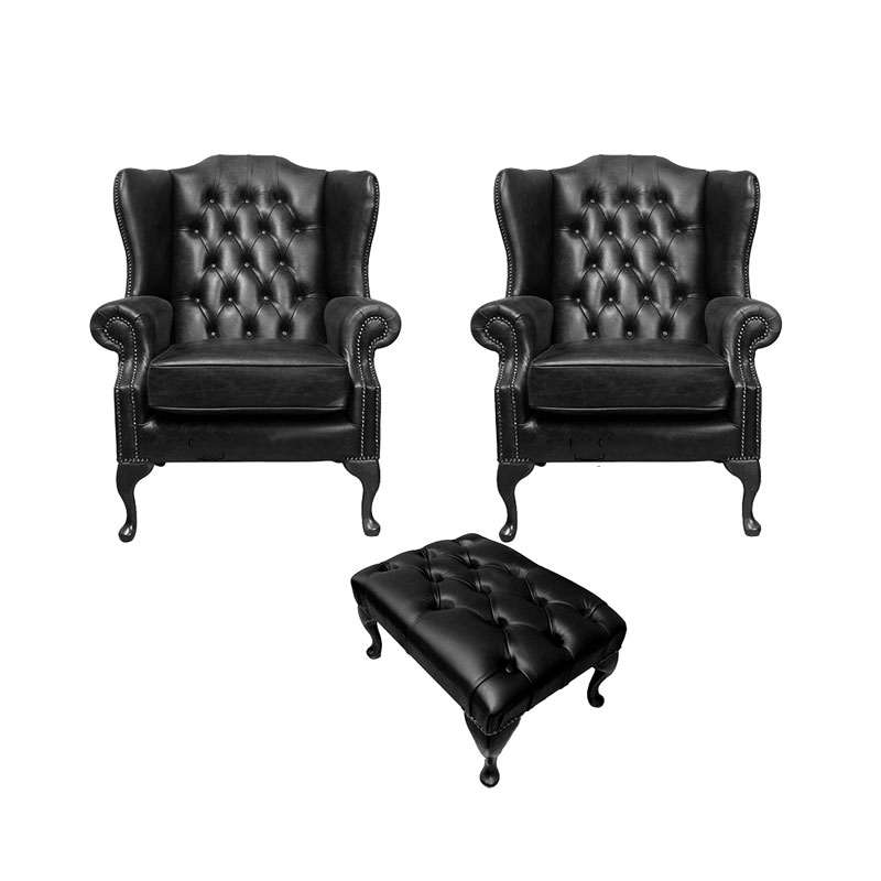 Product photograph of Chesterfield 2 X Wing Chairs Footstool Old English Black Leather In Mallory Style from Chesterfield Sofas