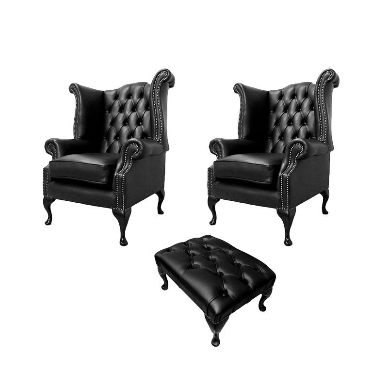 Product photograph of Chesterfield 2 X Wing Chairs Footstool Old English Black Leather In Queen Anne Style from Chesterfield Sofas