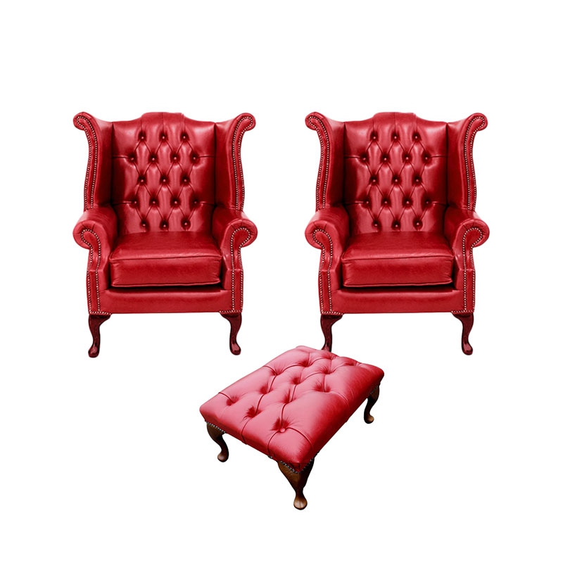 Product photograph of Chesterfield 2 X Wing Chairs Footstool Old English Gamay Red Leather In Queen Anne Style from Chesterfield Sofas