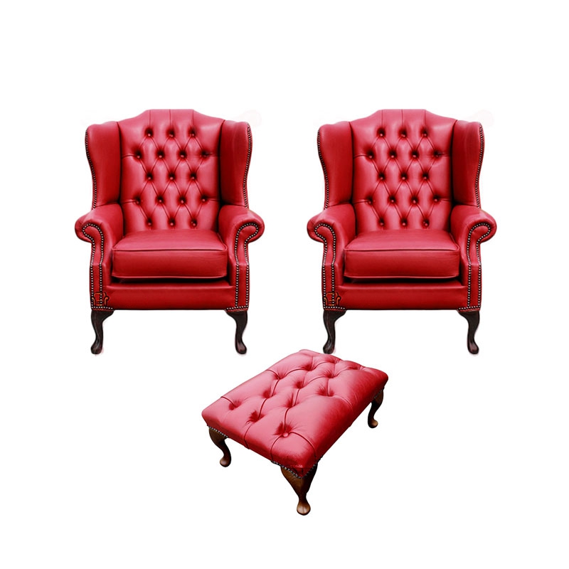 Product photograph of Chesterfield 2 X Wing Chairs Footstool Old English Gamay Red Leather In Mallory Style from Chesterfield Sofas