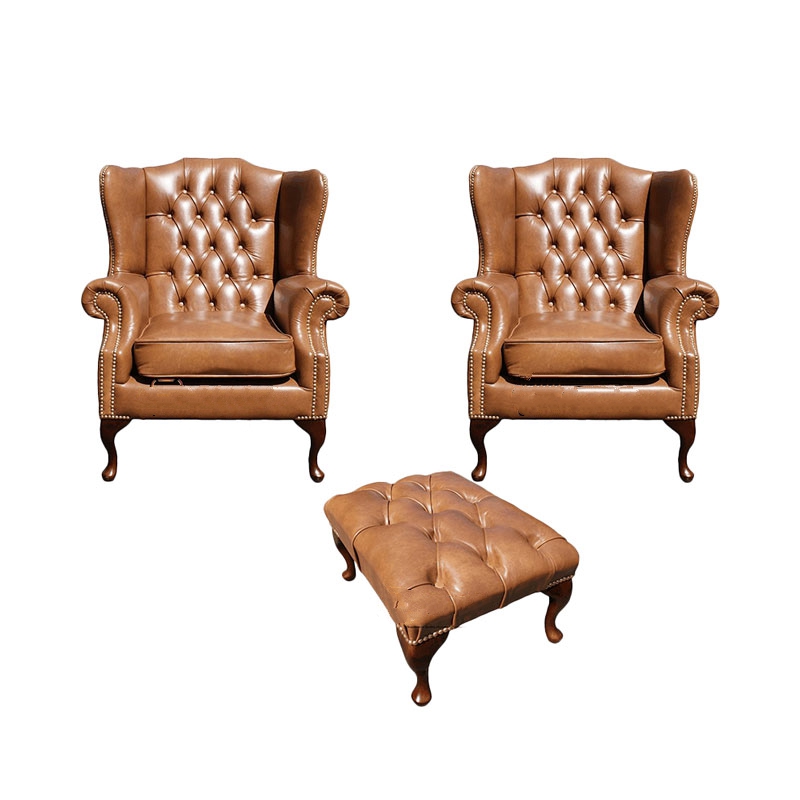 Product photograph of Chesterfield 2 X Wing Chairs Footstool Old English Tan Leather In Mallory Style from Chesterfield Sofas