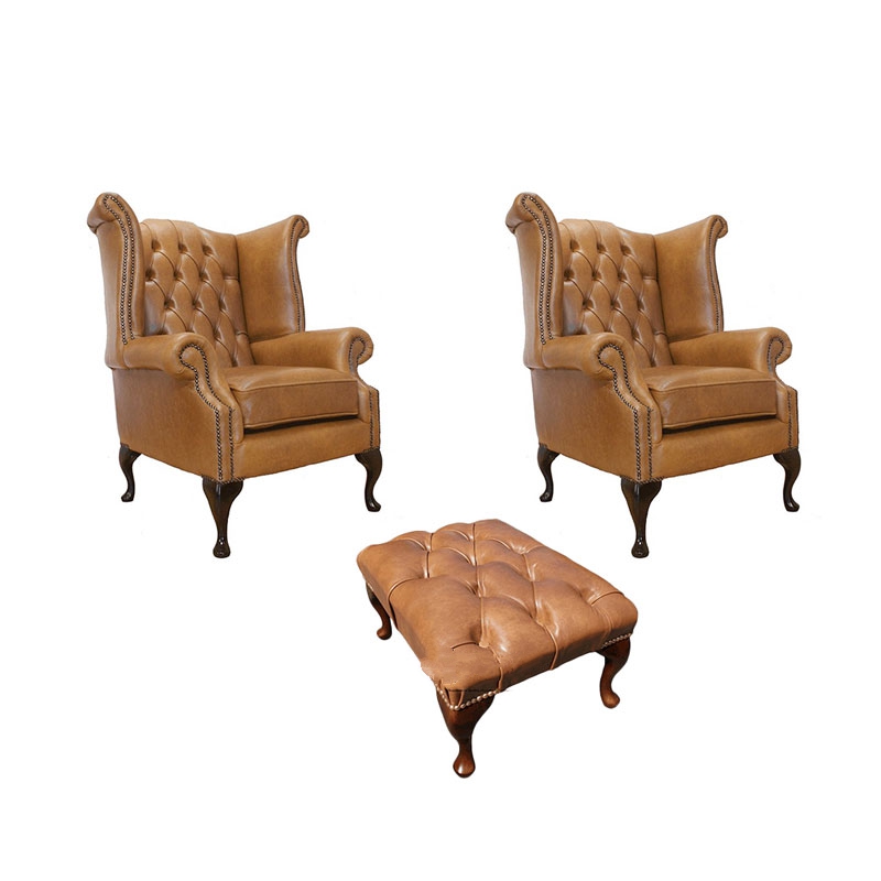 Product photograph of Chesterfield 2 X Wing Chairs Footstool Old English Tan Leather In Queen Anne Style from Chesterfield Sofas