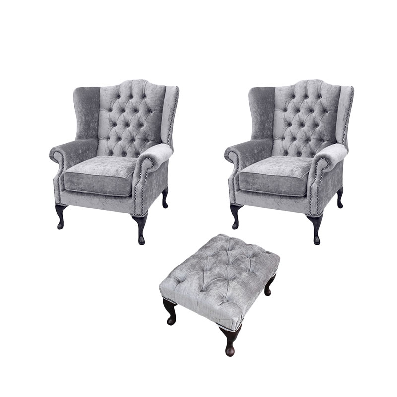 Product photograph of Chesterfield 2 X Wing Chairs Footstool Perla Illusions Grey Velvet In Mallory Style from Chesterfield Sofas