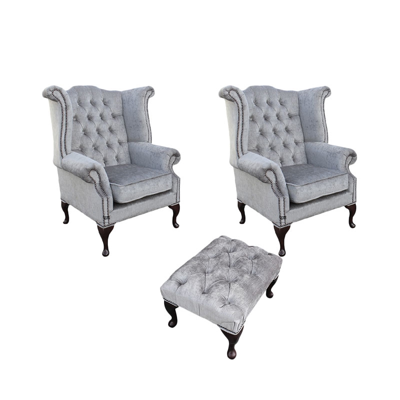 Product photograph of Chesterfield 2 X Wing Chairs Footstool Perla Illusions Grey Velvet In Queen Anne Style from Chesterfield Sofas