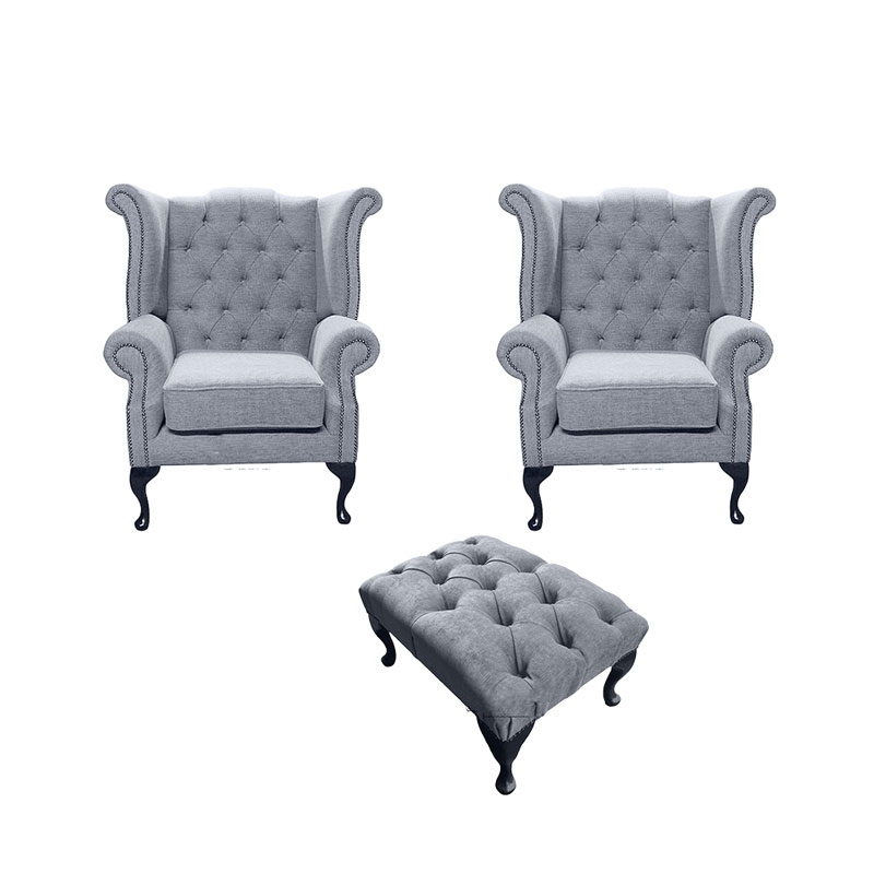 Product photograph of Chesterfield 2 X Wing Chairs Footstool Verity Plain Steel Fabric In Queen Anne Style from Chesterfield Sofas