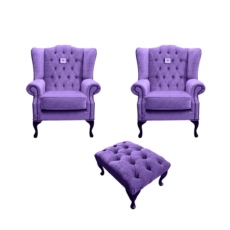 Product photograph of Chesterfield 2 X Wing Chairs Footstool Verity Purple Fabric In Mallory Style from Chesterfield Sofas
