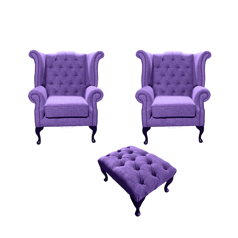 Product photograph of Chesterfield 2 X Wing Chairs Footstool Verity Purple Fabric In Queen Anne Style from Chesterfield Sofas