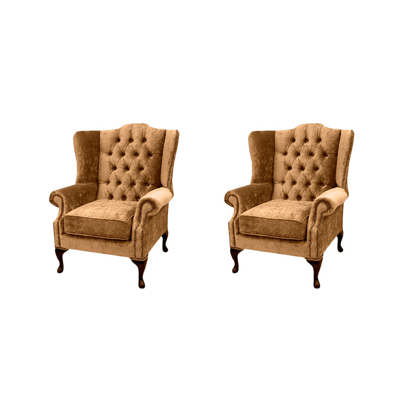 Product photograph of Chesterfield 2 X Wing Chairs Harmony Crush Gold Velvet Fabric In Mallory Style from Chesterfield Sofas