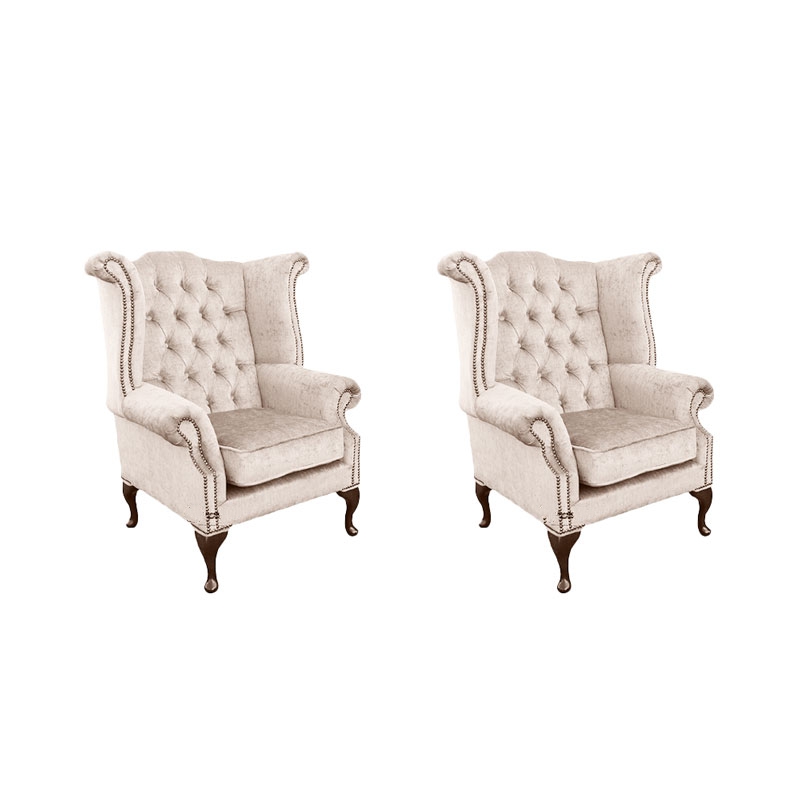 Product photograph of Chesterfield 2 X Wing Chairs Harmony Ivory Velvet Bespoke In Queen Anne Style from Chesterfield Sofas