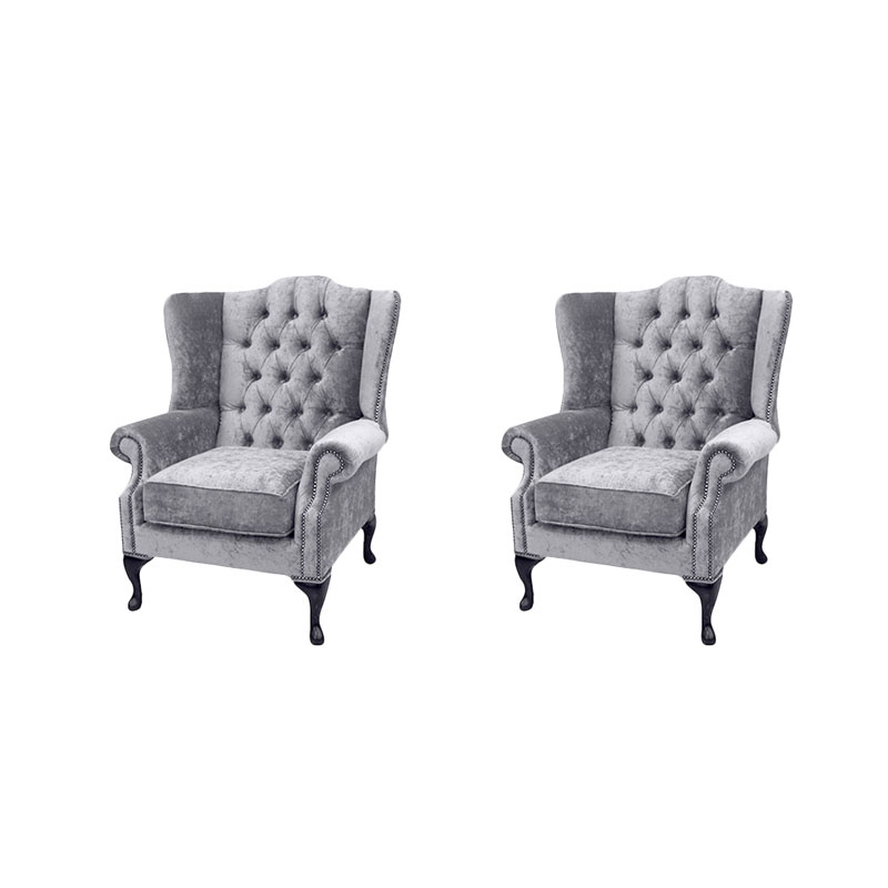Product photograph of Chesterfield 2 X Wing Chairs Perla Illusions Grey Velvet Fabric In Mallory Style from Chesterfield Sofas