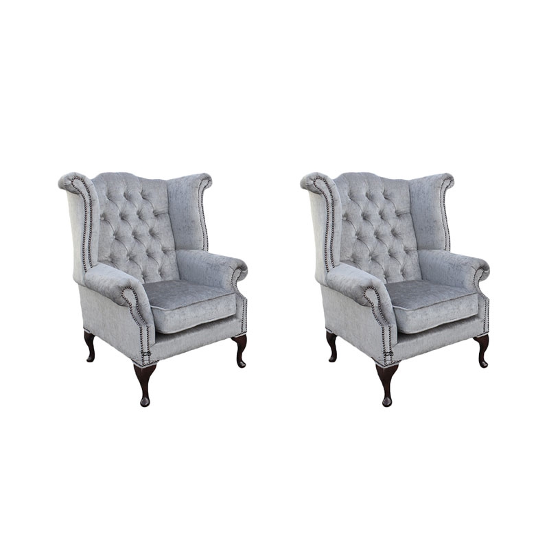 Product photograph of Chesterfield 2 X Wing Chairs Perla Illusions Grey Velvet Fabric In Queen Anne Style from Chesterfield Sofas