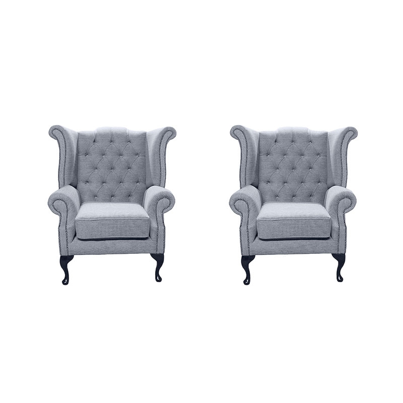 Product photograph of Chesterfield 2 X Wing Chairs Verity Plain Steel Fabric Bespoke In Queen Anne Style from Chesterfield Sofas