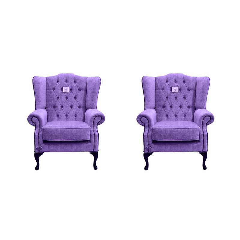 Product photograph of Chesterfield 2 X Wing Chairs Verity Purple Fabric Bespoke In Mallory Style from Chesterfield Sofas