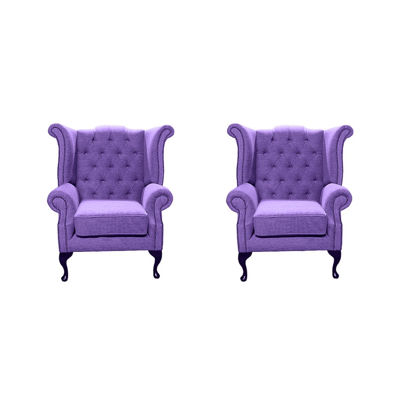 Product photograph of Chesterfield 2 X Wing Chairs Verity Purple Fabric Bespoke In Queen Anne Style from Chesterfield Sofas