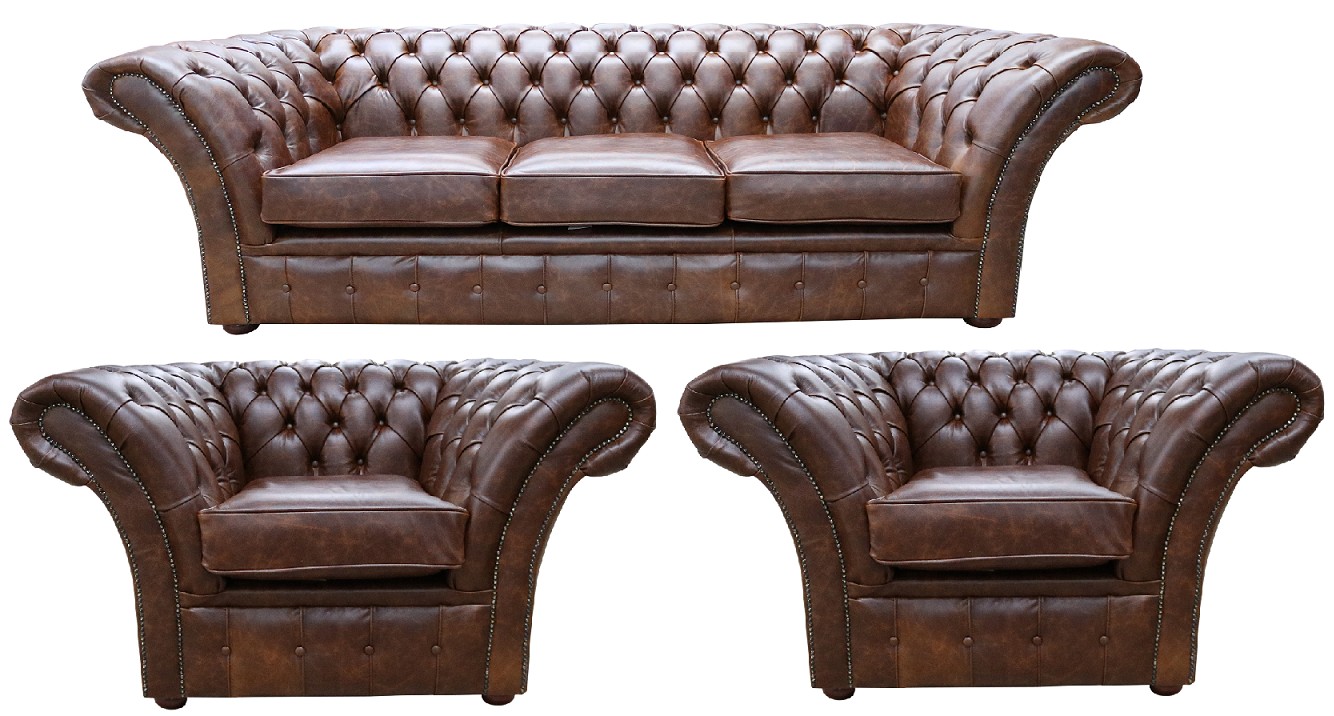 Product photograph of Chesterfield 3 1 1 New England Texas Brown Leather Sofa Suite In Balmoral Style from Chesterfield Sofas