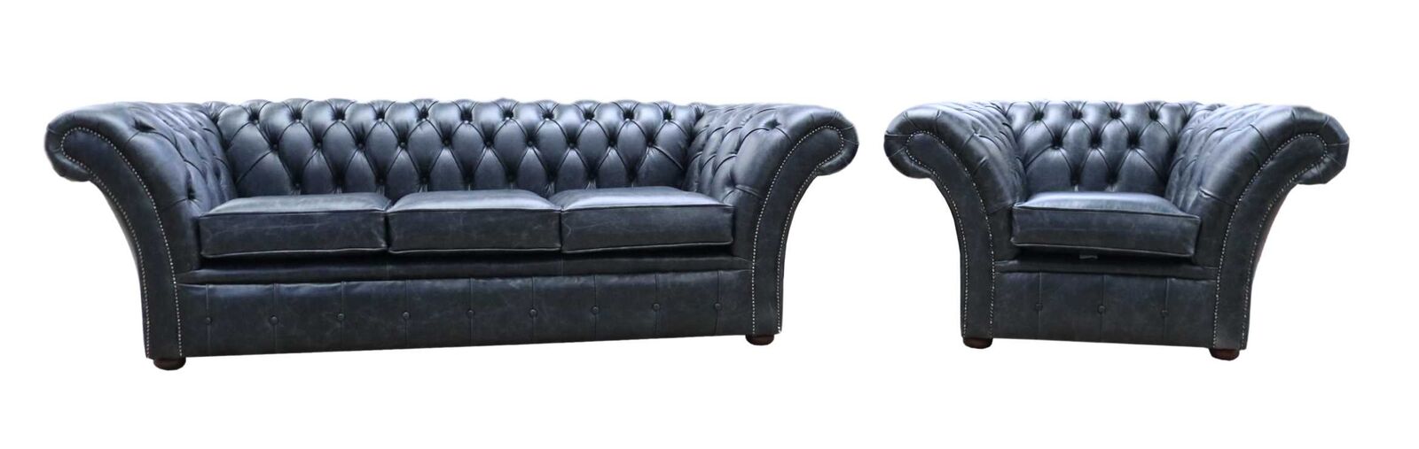 Product photograph of Chesterfield 3 1 Sofa Suite New England Black Real Leather In Balmoral Style from Chesterfield Sofas