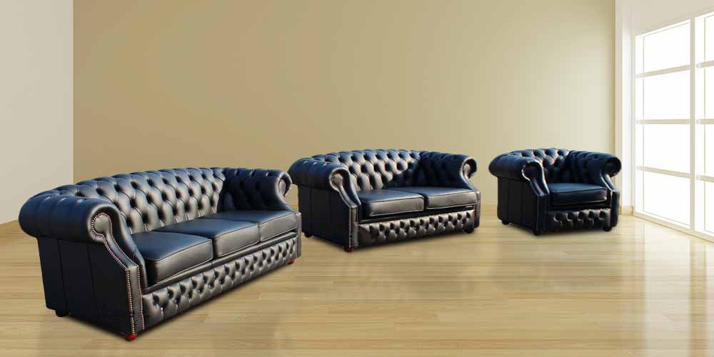 Product photograph of Chesterfield 3 2 1 Seater Shelly Black Leather Sofa Suite In Buckingham Style from Chesterfield Sofas