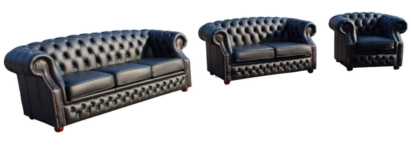 Product photograph of Chesterfield 3 2 1 Seater Shelly Black Leather Sofa Suite In Buckingham Style from Chesterfield Sofas.