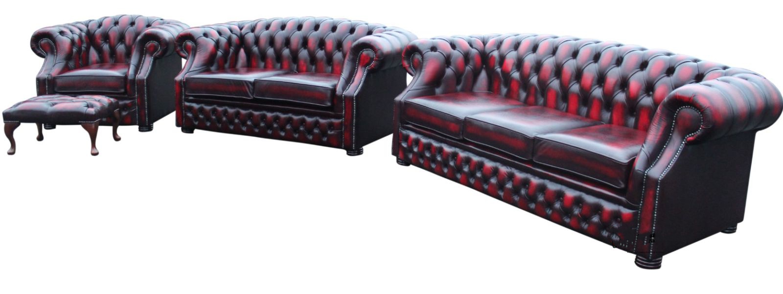 Product photograph of Chesterfield 3 2 Club Footstool Antique Oxblood Red Leather In Buckingham Style from Chesterfield Sofas.