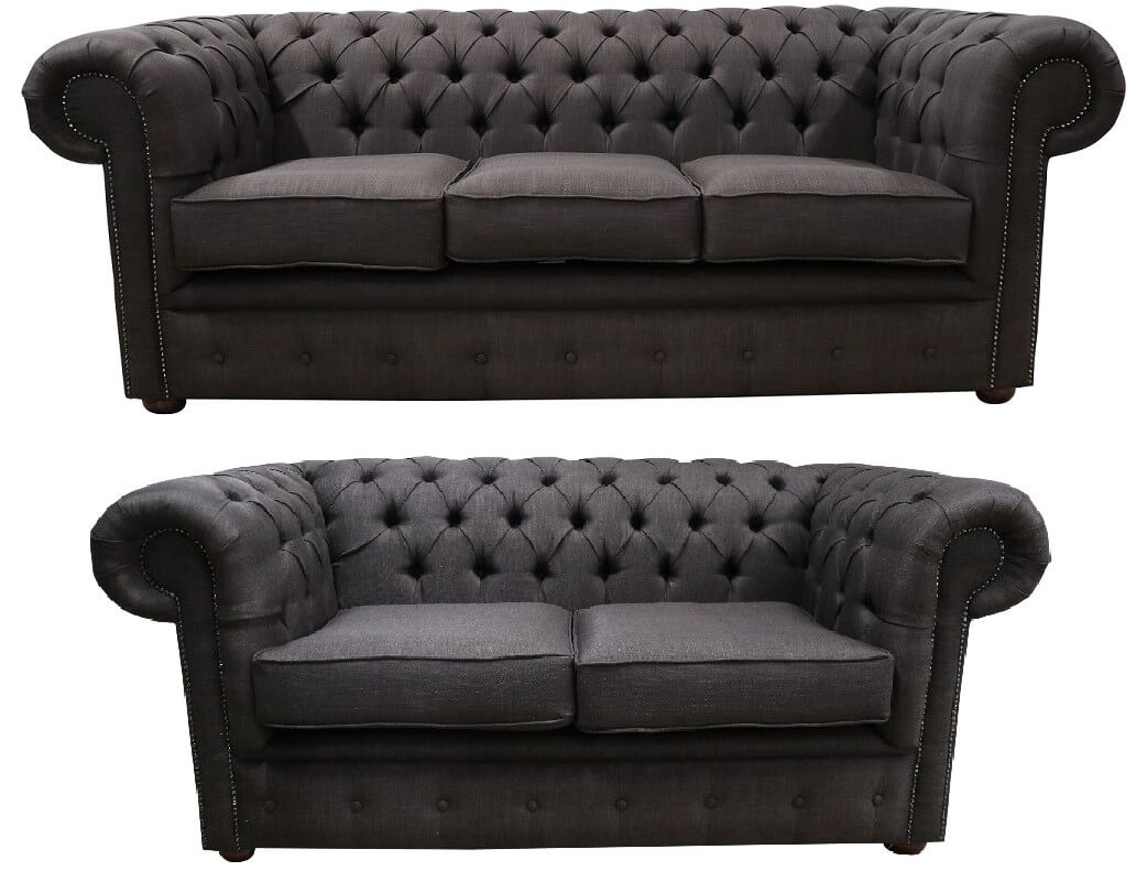 Product photograph of Chesterfield 3 2 Seater Sofa Suite Charles Brown Linen Fabric In Classic Style from Chesterfield Sofas