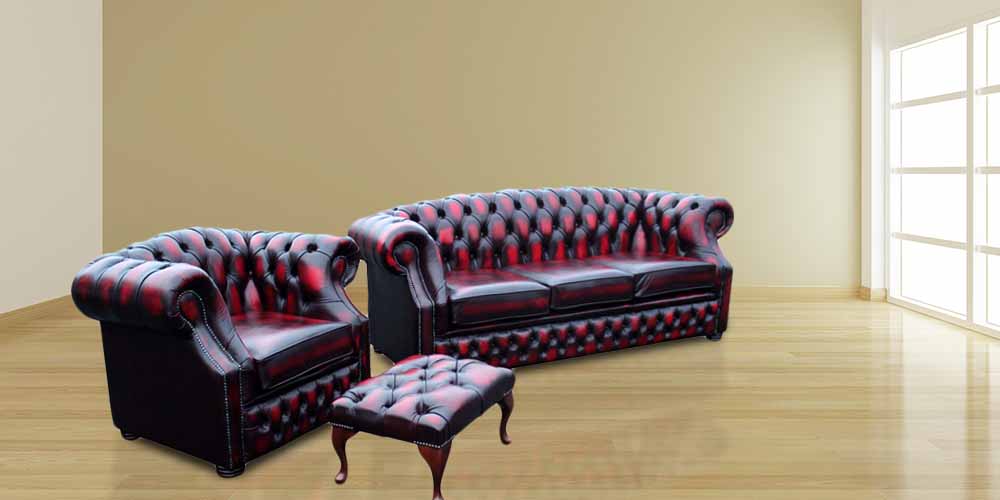 Product photograph of Chesterfield 3 Club Footstool Antique Oxblood Red Leather Sofa Suite In Buckingham Style from Chesterfield Sofas