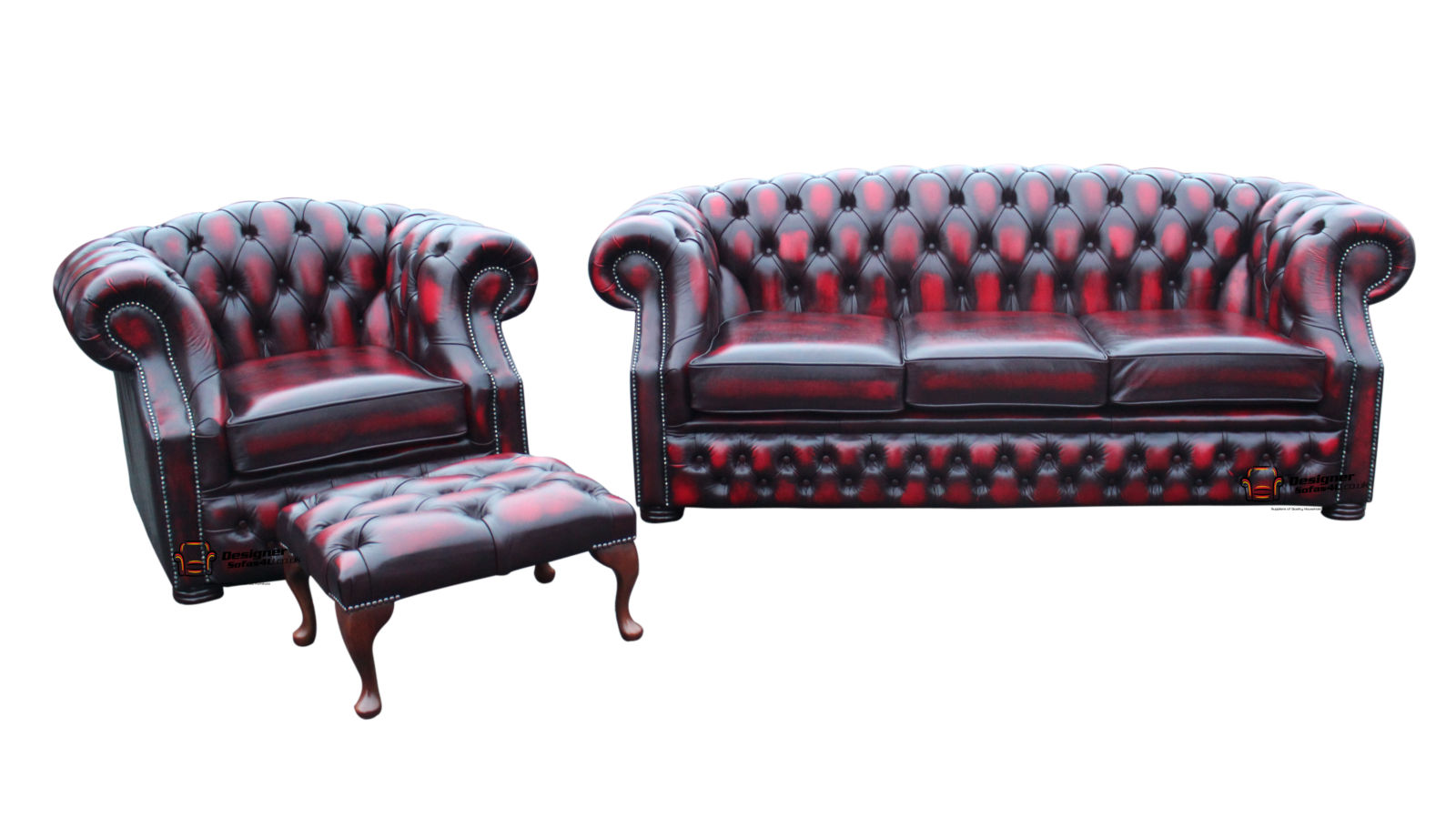 Product photograph of Chesterfield 3 Club Footstool Antique Oxblood Red Leather Sofa Suite In Buckingham Style from Chesterfield Sofas.