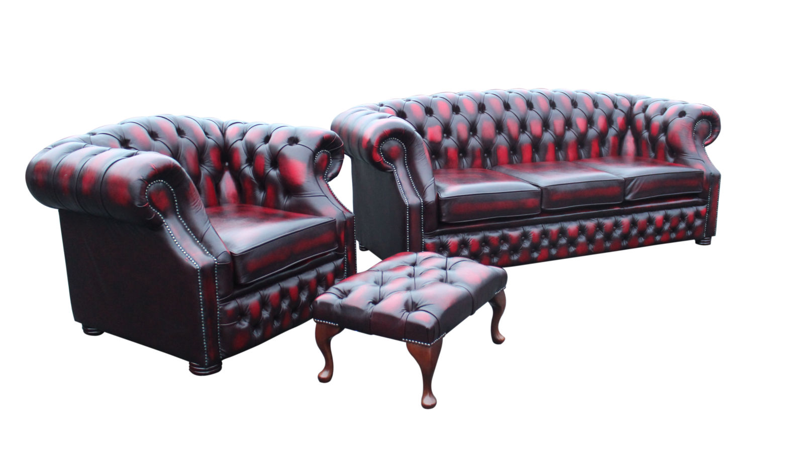 Product photograph of Chesterfield 3 Club Footstool Antique Oxblood Red Leather Sofa Suite In Buckingham Style from Chesterfield Sofas.