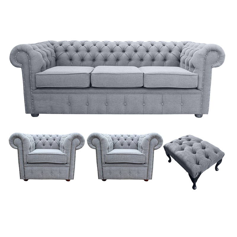 Product photograph of Chesterfield 3 Seater 2 X Club Chairs Footstool Verity Plain Steel Grey Fabric Sofa Suite from Chesterfield Sofas