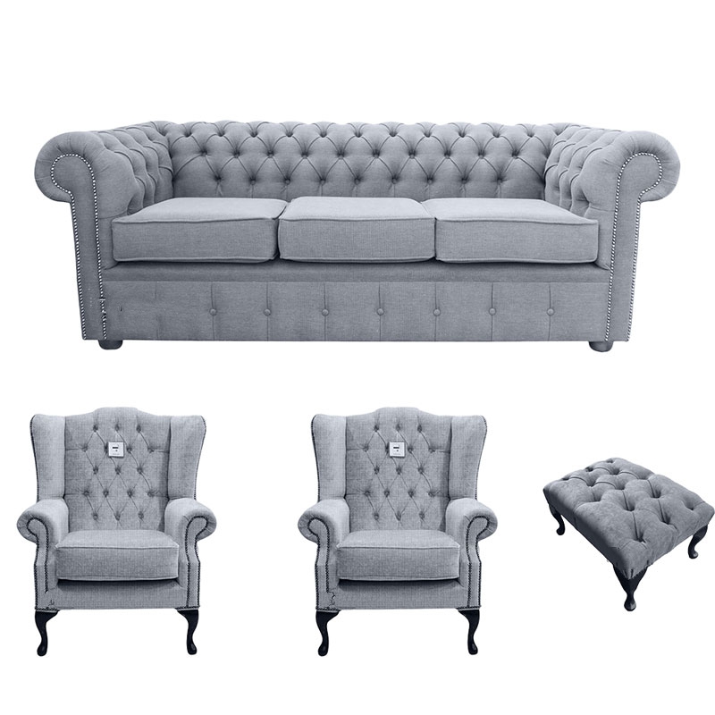 Product photograph of Chesterfield 3 Seater 2 X Mallory Chairs Footstool Verity Plain Steel Grey Fabric Sofa Suite from Chesterfield Sofas
