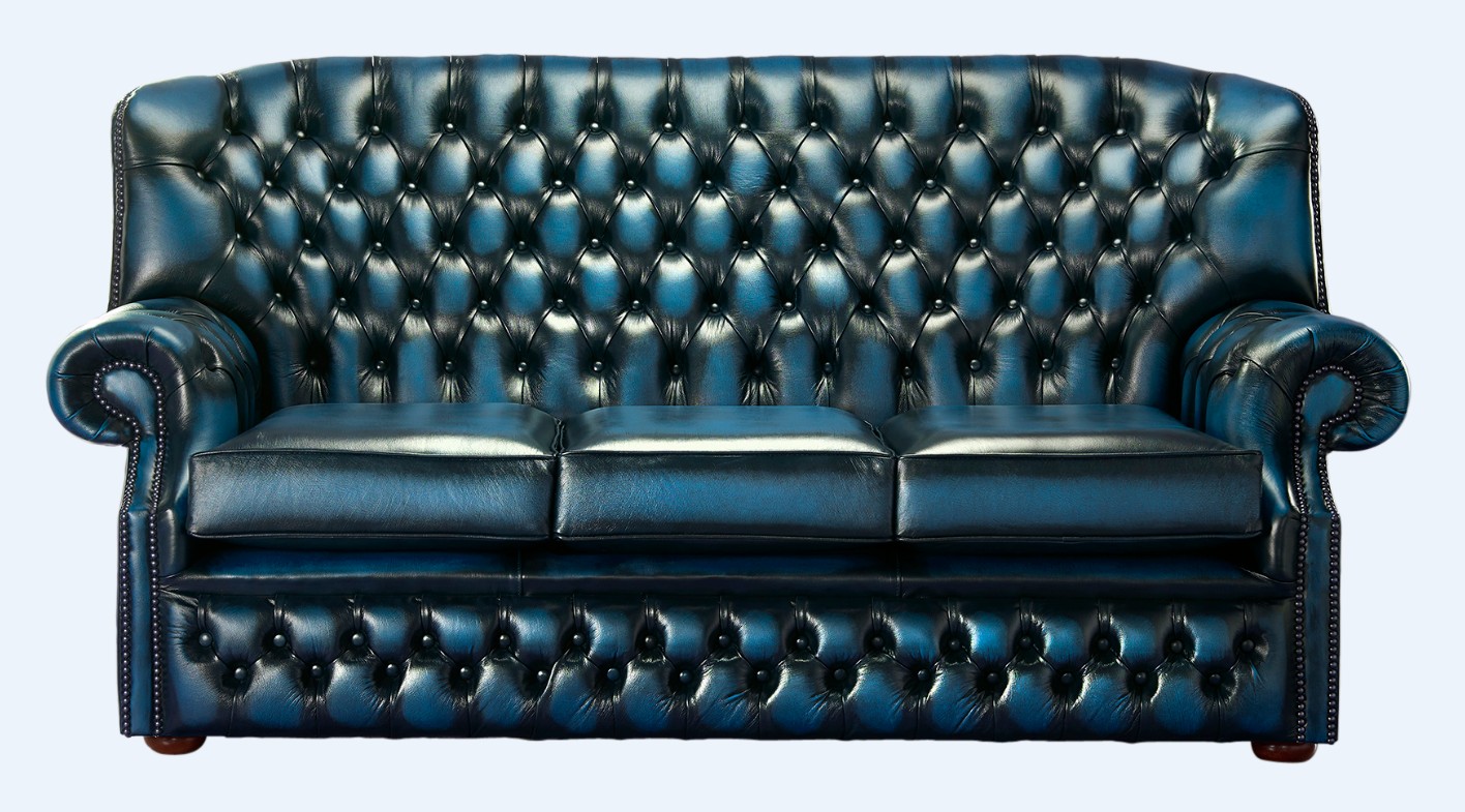 Product photograph of Chesterfield 3 Seater Antique Blue Leather Sofa Bespoke In Monks Style from Chesterfield Sofas