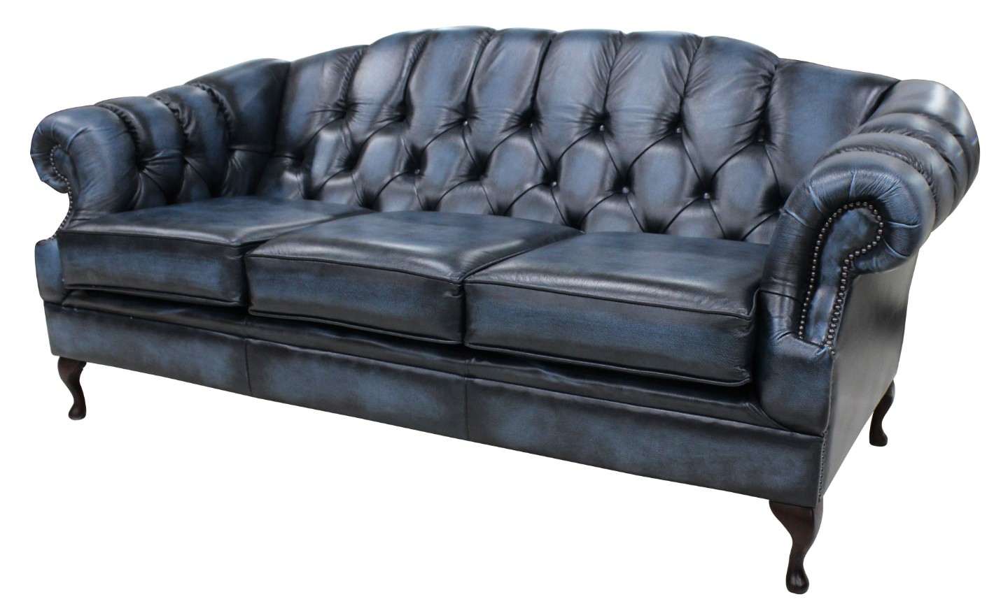 Product photograph of Chesterfield 3 Seater Antique Blue Leather Sofa Settee Custom Made In Victoria Style from Chesterfield Sofas.
