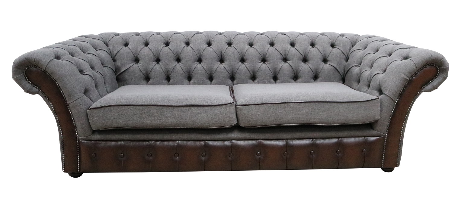 Product photograph of Chesterfield 3 Seater Antique Brown Real Leather Bacio Pewter Fabric Sofa In Jepson Style from Chesterfield Sofas