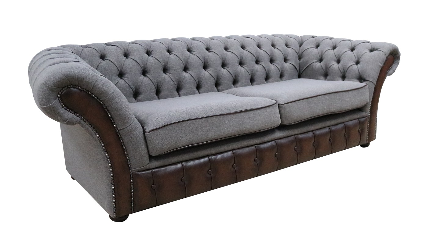 Product photograph of Chesterfield 3 Seater Antique Brown Real Leather Bacio Pewter Fabric Sofa In Jepson Style from Chesterfield Sofas.