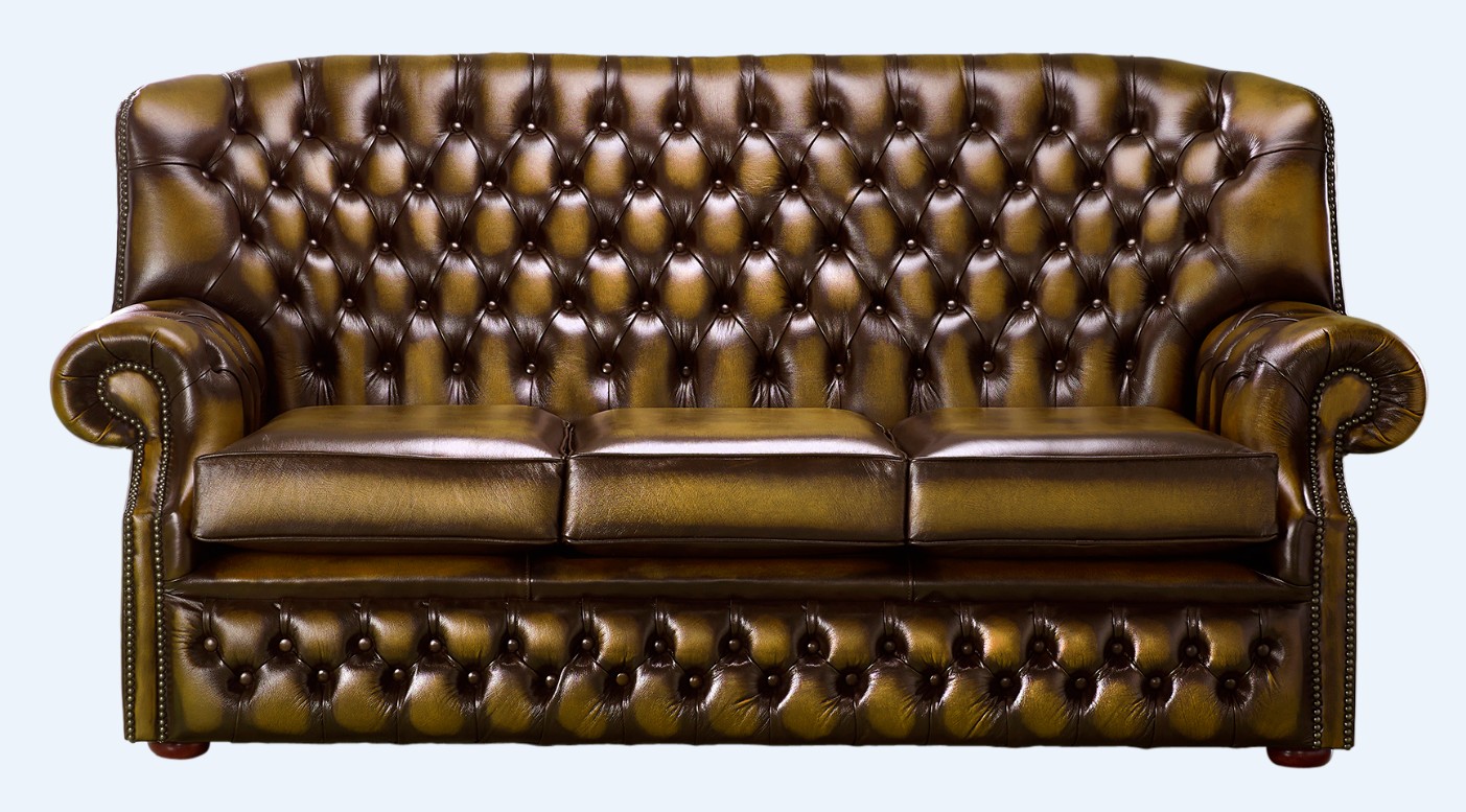Product photograph of Chesterfield 3 Seater Antique Gold Leather Sofa Bespoke In Monks Style from Chesterfield Sofas