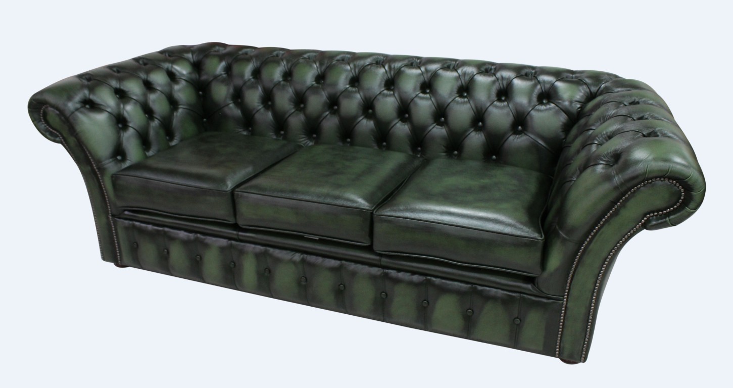 Product photograph of Chesterfield 3 Seater Antique Green Leather Sofa Bespoke In Balmoral Style from Chesterfield Sofas.