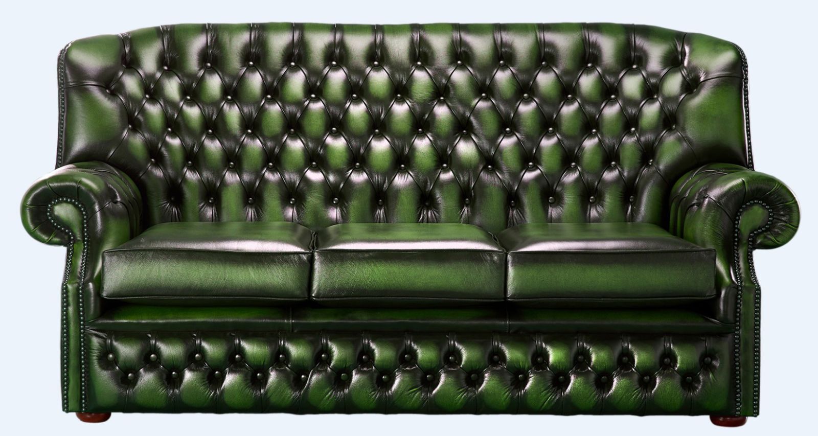 Product photograph of Chesterfield 3 Seater Antique Green Leather Sofa Bespoke In Monks Style from Chesterfield Sofas