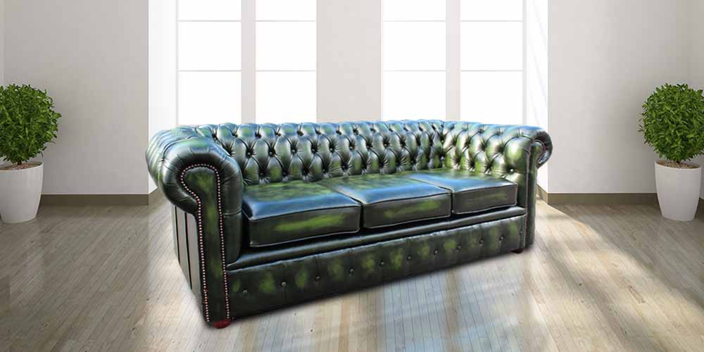 Product photograph of Chesterfield 3 Seater Antique Green Leather Sofa In Classic Style from Chesterfield Sofas