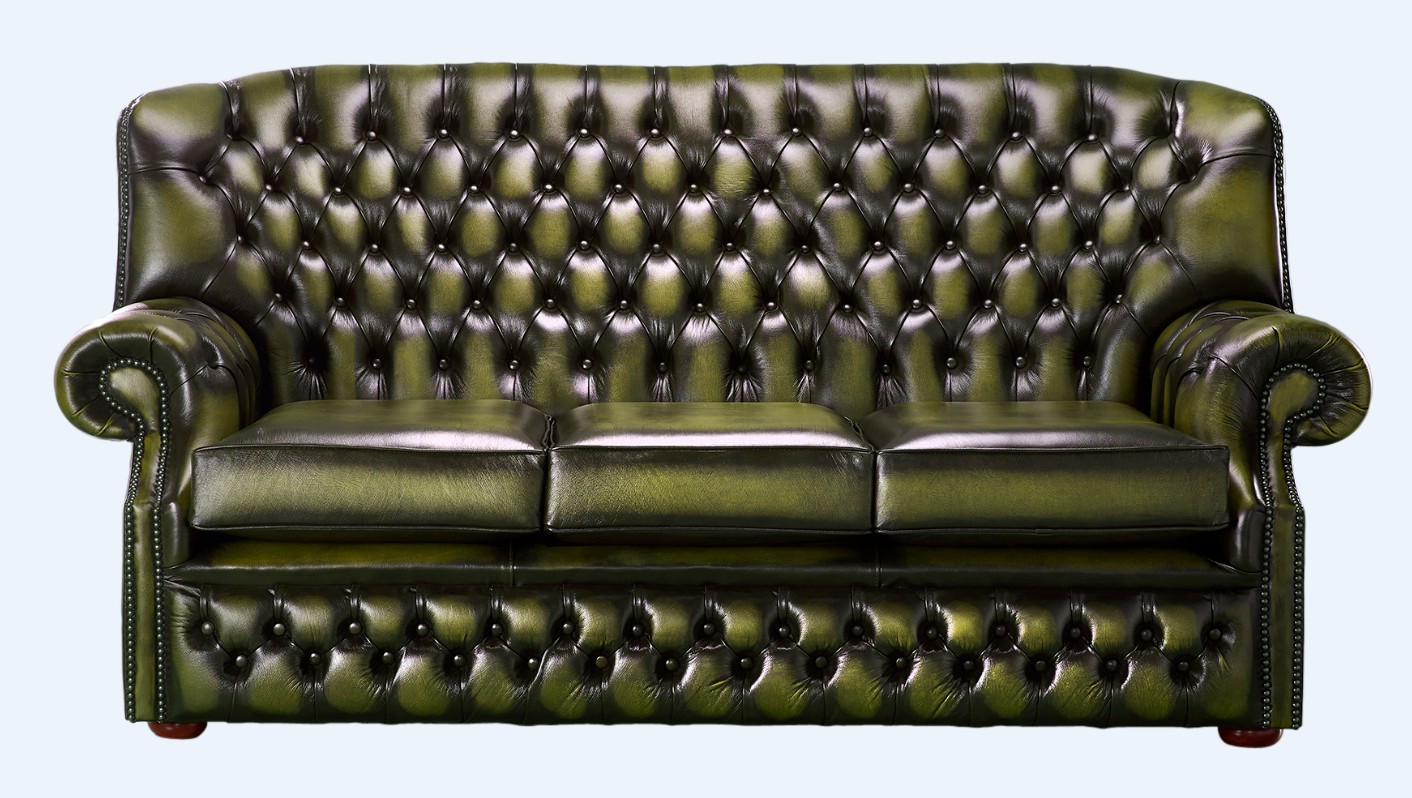 Product photograph of Chesterfield 3 Seater Antique Olive Green Leather Sofa Bespoke In Monks Style from Chesterfield Sofas