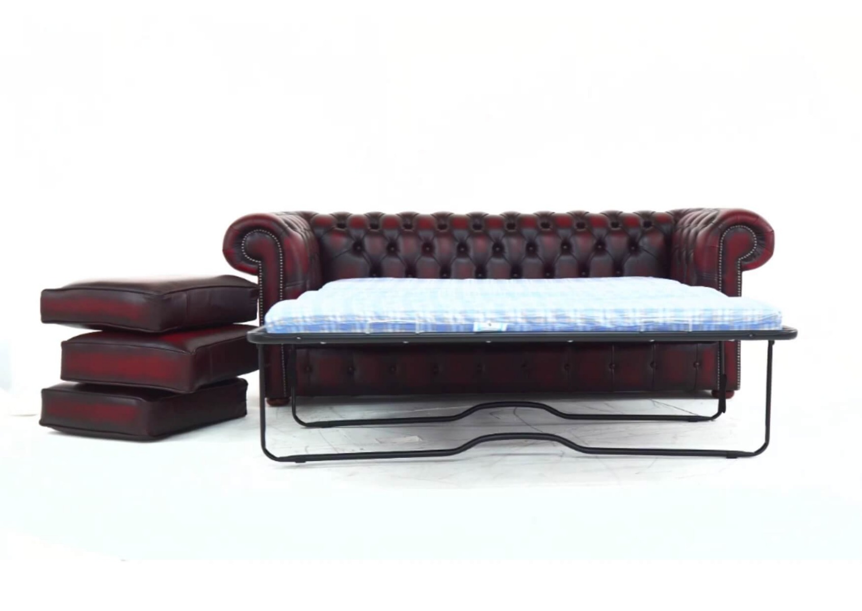 Product photograph of Chesterfield 3 Seater Sofabed Antique Oxblood Red Real Leather In Classic Style from Chesterfield Sofas.