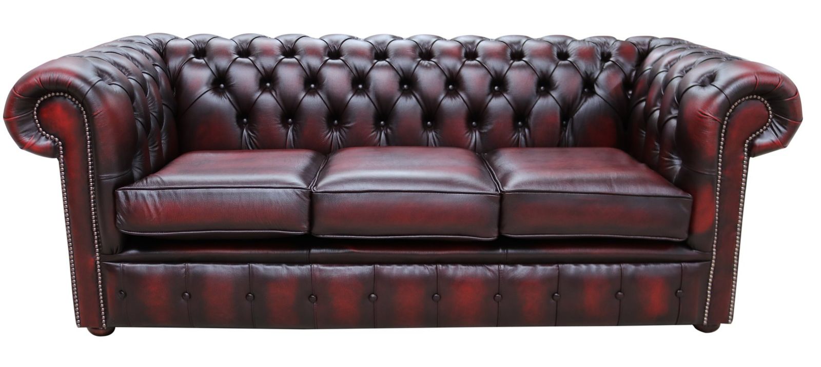 Product photograph of Chesterfield 3 Seater Antique Oxblood Red Real Leather Tufted Buttoned Sofa In Classic Style from Chesterfield Sofas