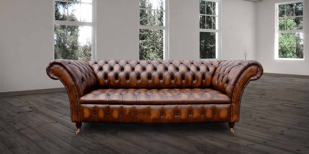 Product photograph of Chesterfield 3 Seater Antique Tan Leather Button Seat Sofa Settee In Balmoral Style from Chesterfield Sofas
