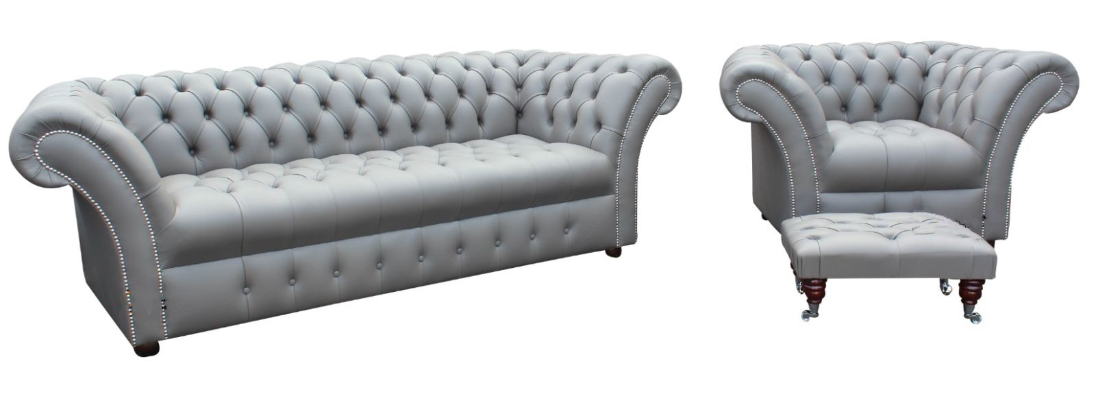 Product photograph of Chesterfield 3 Seater Armchair Footstool Buttoned Seat Silver Grey Leather Sofa Suite In Balmoral Style from Chesterfield Sofas