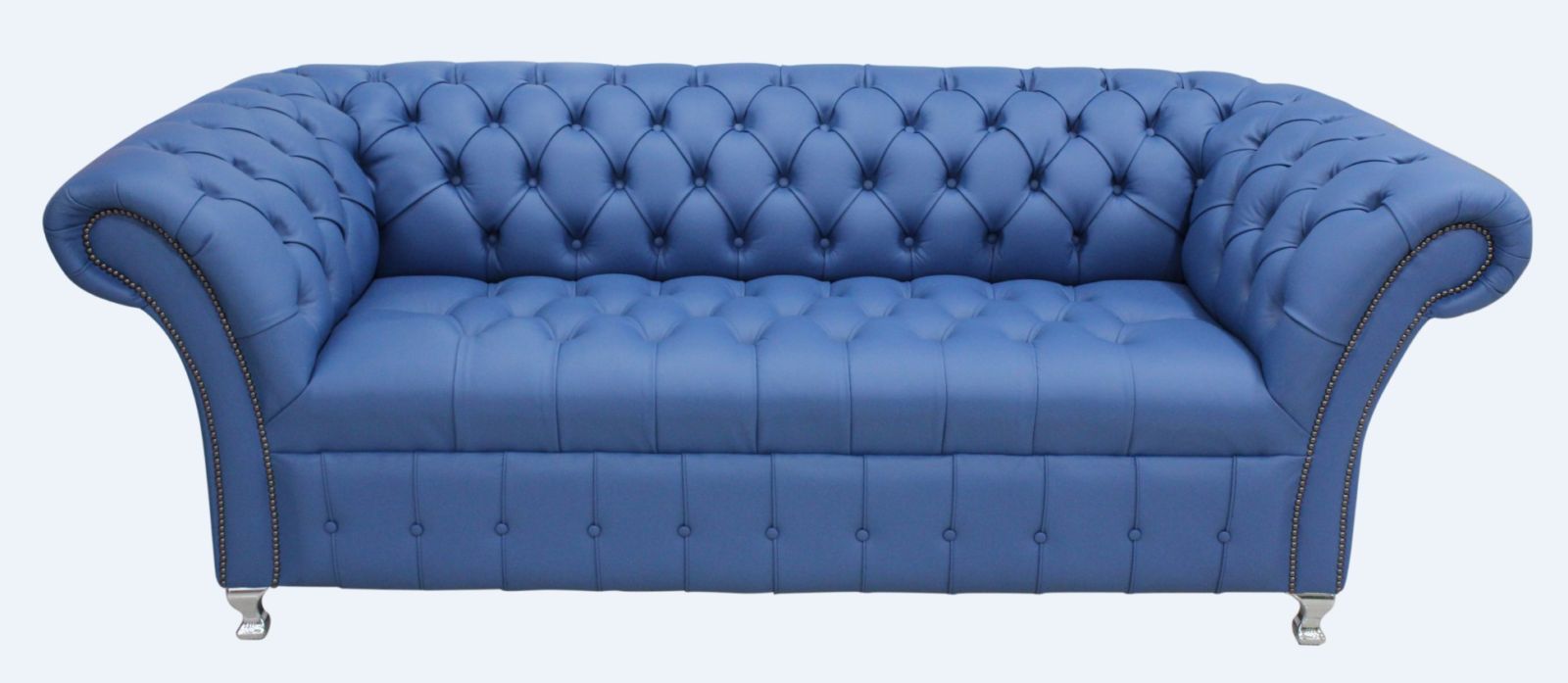 Product photograph of Chesterfield 3 Seater Buttoned Seat Deep Ultramarine Blue Leather Metal Feet Sofa Bespoke In Balmoral Style from Chesterfield Sofas