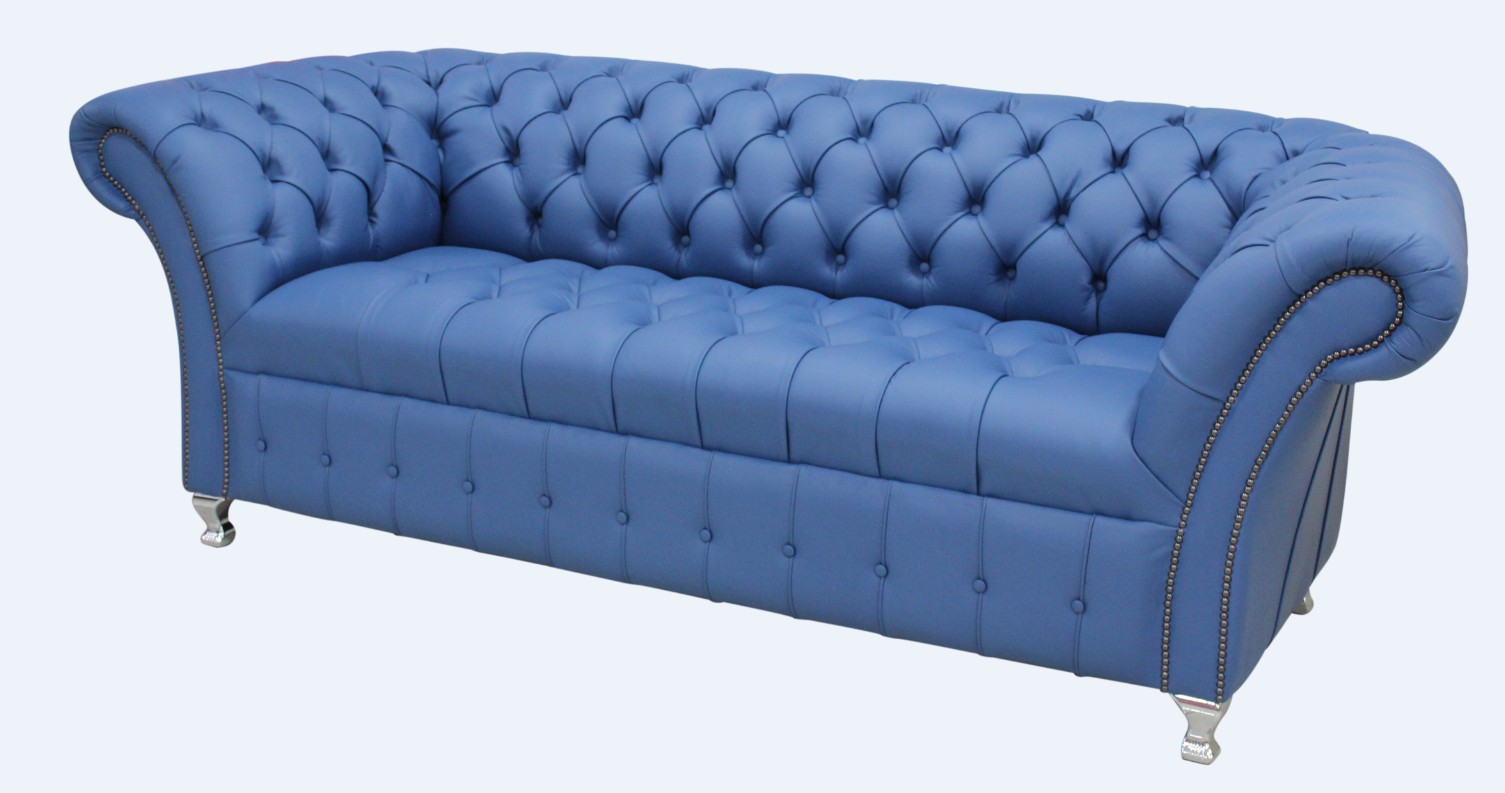 Product photograph of Chesterfield 3 Seater Buttoned Seat Deep Ultramarine Blue Leather Metal Feet Sofa Bespoke In Balmoral Style from Chesterfield Sofas.