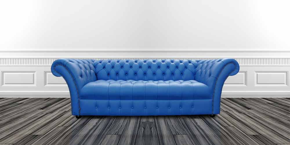 Product photograph of Chesterfield 3 Seater Buttoned Seat Deep Ultramarine Blue Leather Sofa Bespoke In Balmoral Style from Chesterfield Sofas