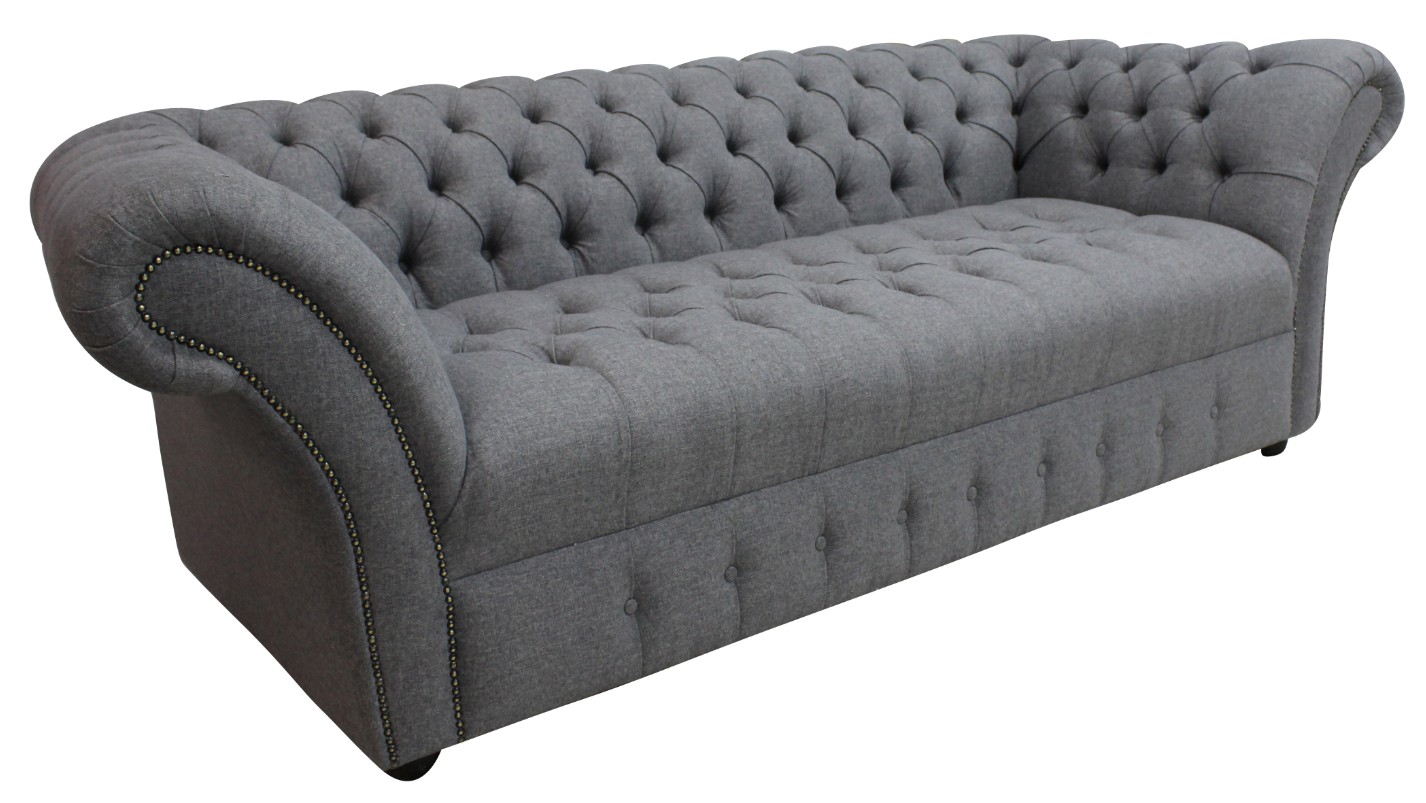 Product photograph of Chesterfield 3 Seater Buttoned Seat Grampian Steel Grey Fabric Sofa In Balmoral Style from Chesterfield Sofas.