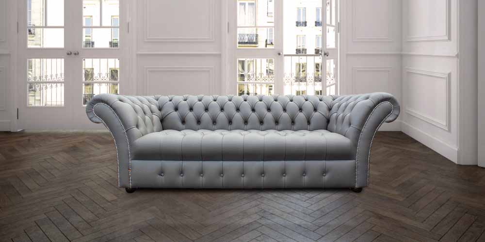 Product photograph of Chesterfield 3 Seater Buttoned Seat Silver Grey Leather Sofa Bespoke In Balmoral Style from Chesterfield Sofas